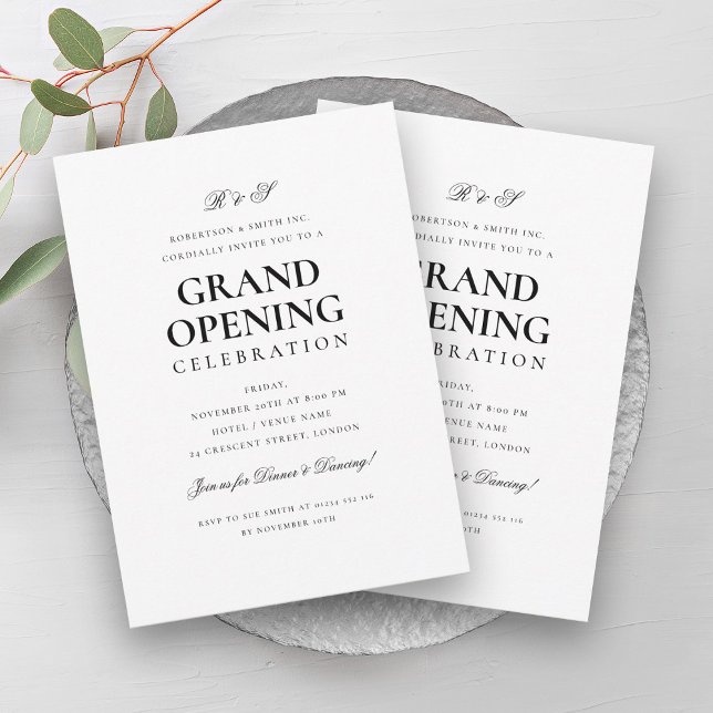 Formellt stort öppningsmonogram vitt inbjudningar (Formal Corporate Grand Opening Monogram White Invitation)