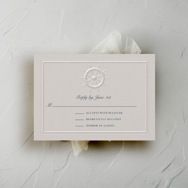Formellt svar på kustbåtens Helm Ram Bröllop (coastal nautical wedding rsvp card faux embossed boat helm double frame modern classic navy ivory)