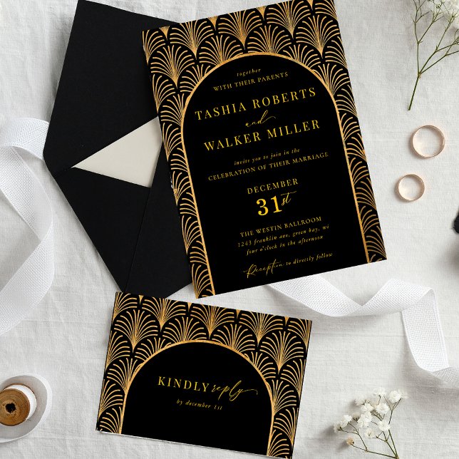 Formellt svart Guld Art Deco Black Bröllop Inbjudningar (Black and Gold Formal Black Tie Wedding Invitation)