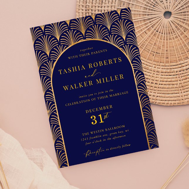 Formellt svart Guld Art Deco-marinblått Bröllop Inbjudningar (Navy and Gold Formal Black Tie Wedding Invitation)