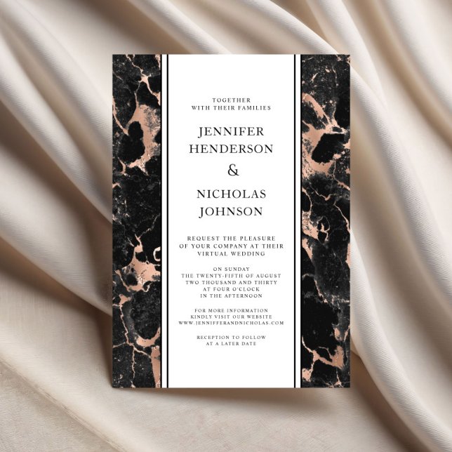 Formellt svart och Ro Guld Marble Virtuellare Bröl Inbjudningar (Formal Black And Rose Gold Marble Virtual Wedding Invitation)