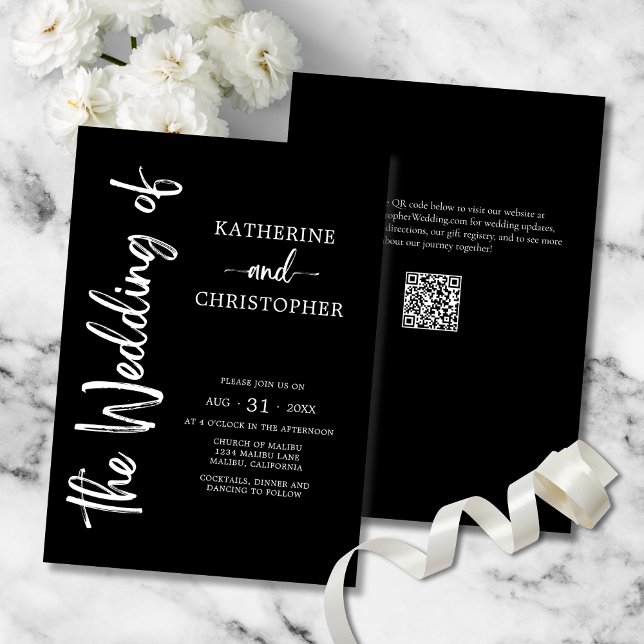 Formellt svart vitt elegant bröllop inbjudningar (Elegant Bold Script Black & White Wedding Invitation with vertical calligraphy, QR code.)