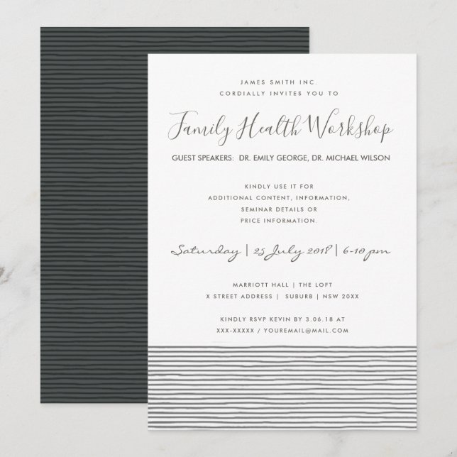 FORMELLT SVART WITE RAND LINE WORKSHOP-HÄNDELSE INBJUDNINGAR (Fram/baksida)