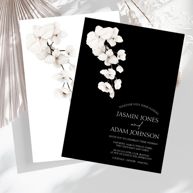 Formellt svartvitt och vit orkidé Bröllop Inbjudningar (Modern Black and White Orchids Flowers Wedding Invitation)
