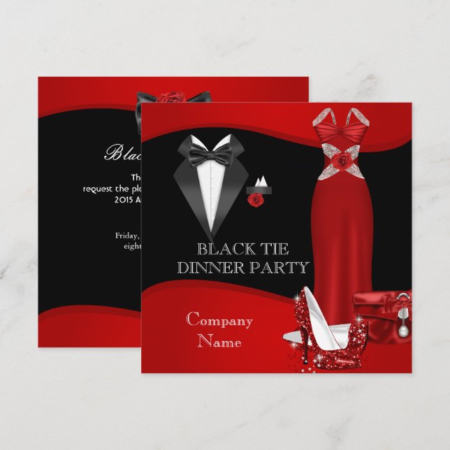 Formellt torn Party Black Tie Red 3 Inbjudningar (Fram/baksida)