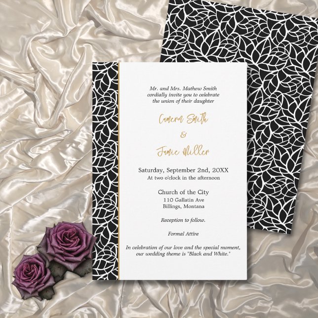 Formellt vit och svart botaniskt Gräns Bröllop Inbjudningar (Formal White & Black Botanical Border Wedding Invitation)