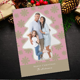 Formfoto för Retro Rosa och Guld Blommigt Gräs Trä Julkort