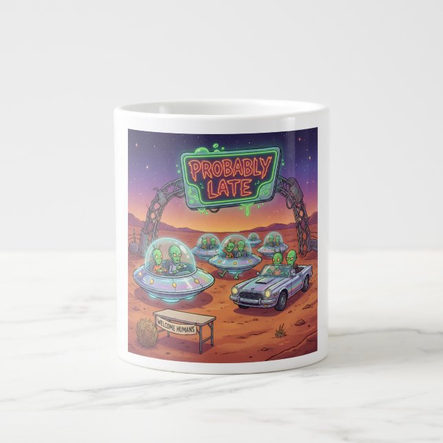 Förmodligen sen - Rolig utomjording UFO Väntar Sci Jumbo Mugg (Framsidan)