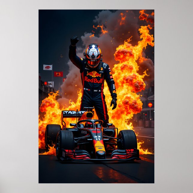 Formula One Racing Champion Celebration with Fire  Poster (Framsidan)