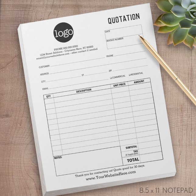 Formulär, affärsoffert, faktura eller varuinlevera anteckningsblock (custom quotation form with logo)