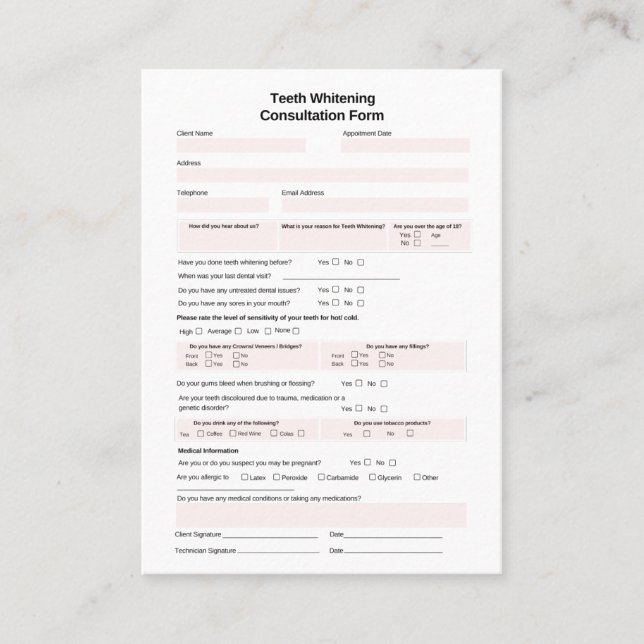 Formulär för tjugonde Whitening Consultation Visitkort (Framsida)