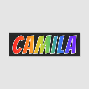 Förnamn "CAMILA": Rolig regnbågefärgläggning Namnbricka