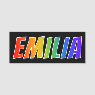 Förnamn "EMILIA": Rolig regnbågefärgläggning Namnbricka