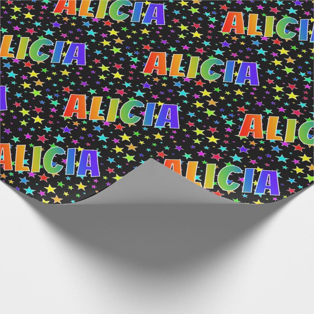 Förnamnet "ALICIA" i regnbåge + stjärnor Presentpapper (Hörn)