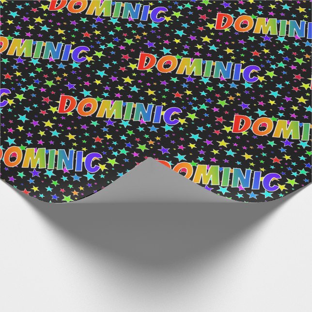 Förnamnet "DOMINIC" i regnbågens färger + stjärnor Presentpapper (Hörn)