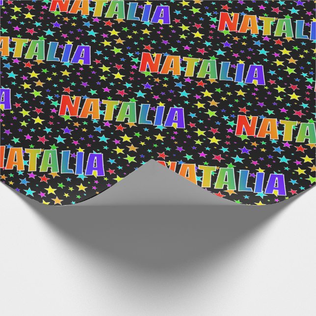 Förnamnet "NATALIA" i regnbåge + Stjärnor Presentpapper (Hörn)
