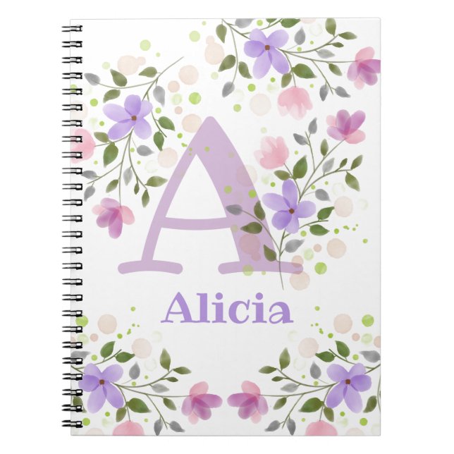 Förnamnsinitial Plus Namn Alicia med blommor Anteckningsbok (Framsidan)