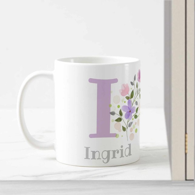 Förnamnsinitial Plus Namn Ingrid med blommor Kaffemugg (Skapare uppladdad)