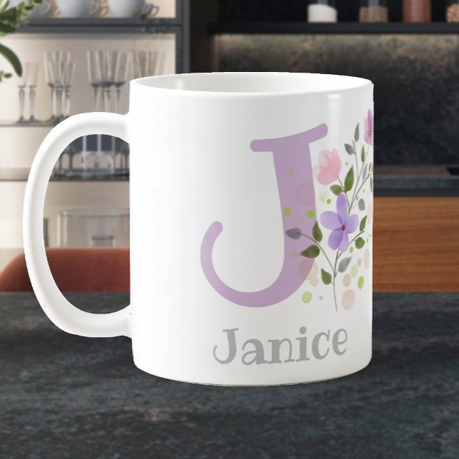Förnamnsinitial Plus Namn Janice med blommor Kaffemugg (Skapare uppladdad)