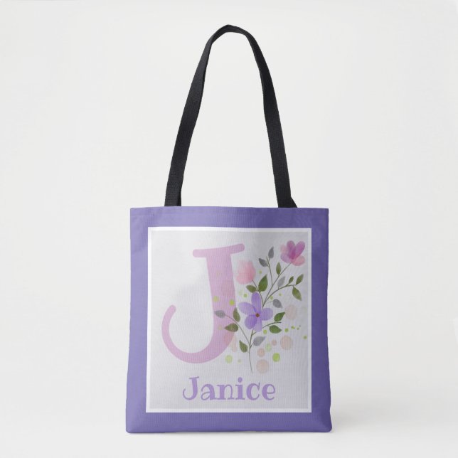Förnamnsinitial Plus Namn Janice med blommor Tygkasse (Framsida)