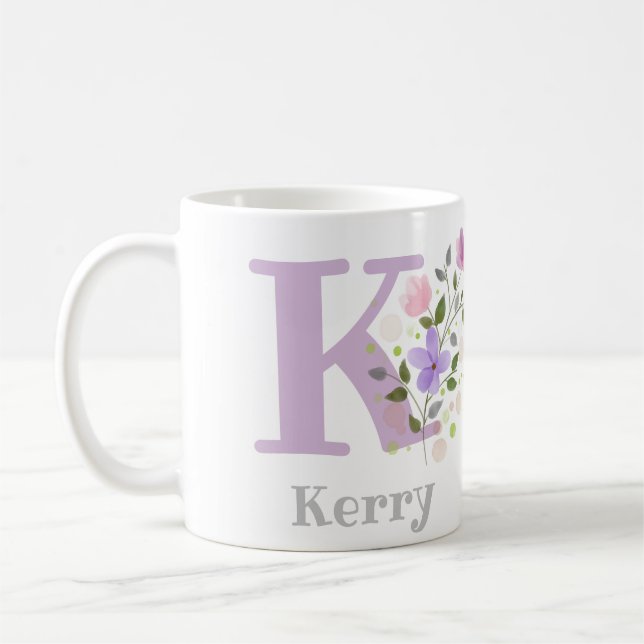 Förnamnsinitial Plus Namn Kerry med blommor Kaffemugg (Vänster)