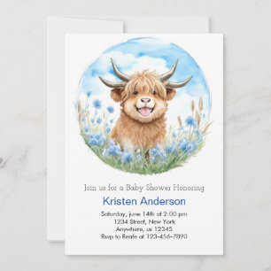 Förnimmad Blue Highland Cow Boy Shower Inbjudningar