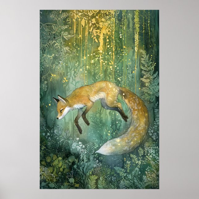 Förnimmad Emerald Forest Magic Fox Art Poster (Framsidan)