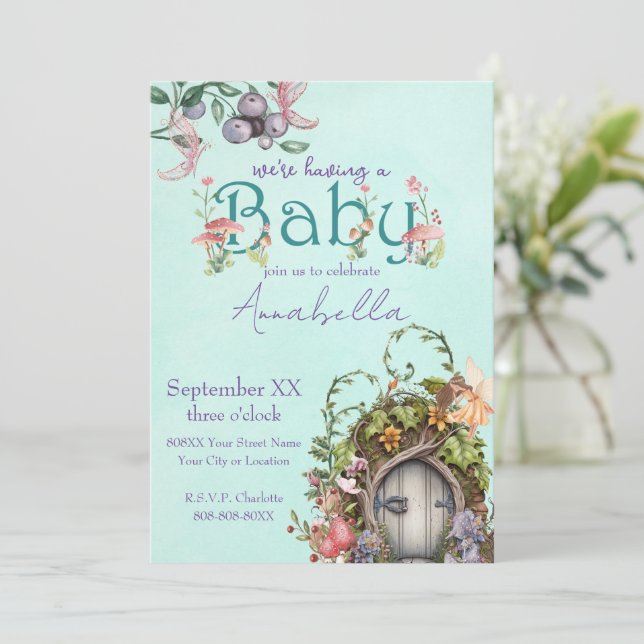 Förnimmad Forest Fairy Garden Door Baby Shower Inbjudningar (Stående Fram)