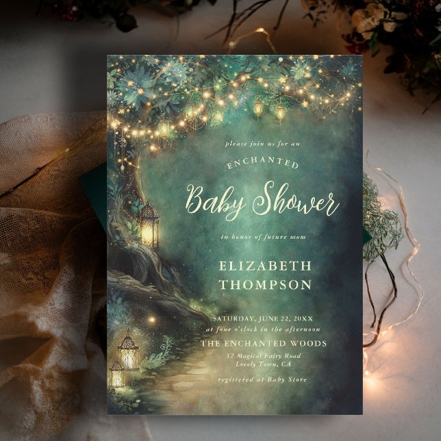 Förnimmad Forest Magic Lanternes Fairy Baby Shower Inbjudningar (enchanted forest baby shower invitation woodland lanterns magical tree fairy tale storybook)