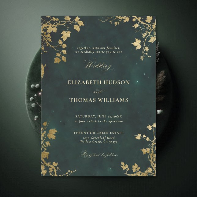 Förnimmad Forest Minimal Ram Guld Modern Bröllop Inbjudningar (Enchanted Forest Emerald Green Draped Greenery Minimal Frame Modern Calligraphy Wedding Invitation)
