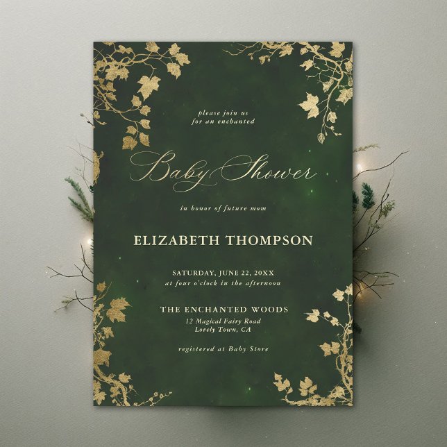 Förnimmad Forest Minimum Foliage Ram Baby Shower Inbjudningar (Enchanted Forest Hunter Green Minimal Greenery Modern Calligraphy Neutral Baby Shower Invitation)