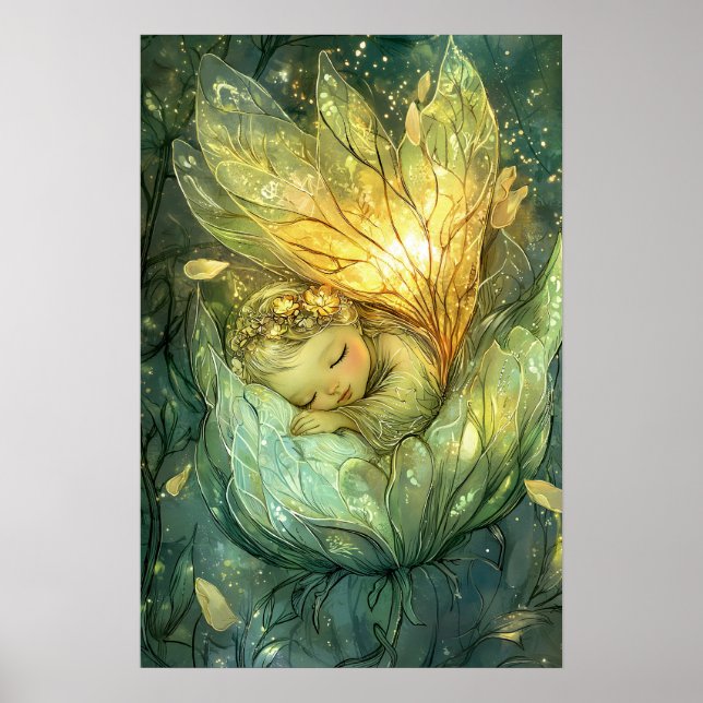 Förnimmad Forest Pixie Fairy Sleeping Flower Petal Poster (Framsidan)