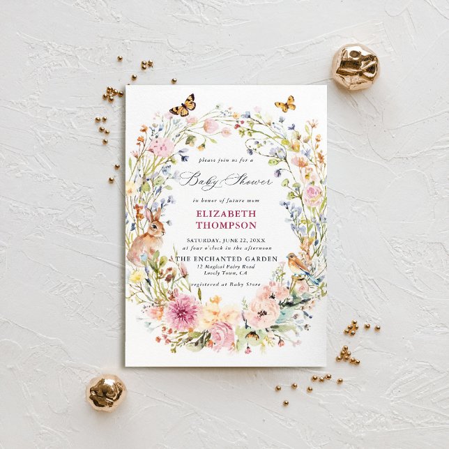Förnimmad Garden Bunny Bird Butterfly Baby Shower Inbjudningar (enchanted garden baby shower invitation bunny rabbit bird butterflies watercolor woodland forest)