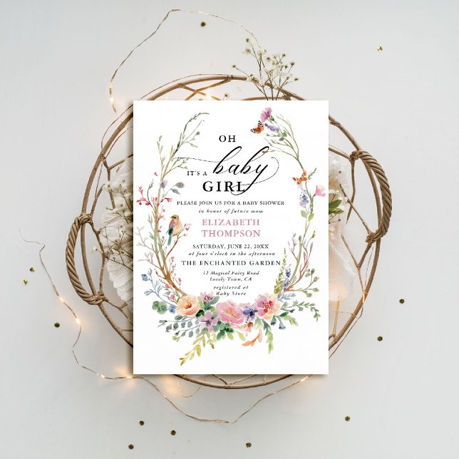 Förnimmad Garden Wildblommor Whimsical Baby Shower Inbjudningar (enchanted garden baby shower invitation woodland forest bird butterfly spring summer whimsical chic)