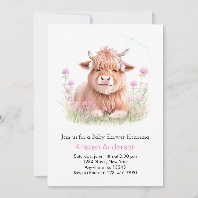 Förnimmad Highland Cow Blissful Girl Baby Shower Inbjudningar (Framsida)