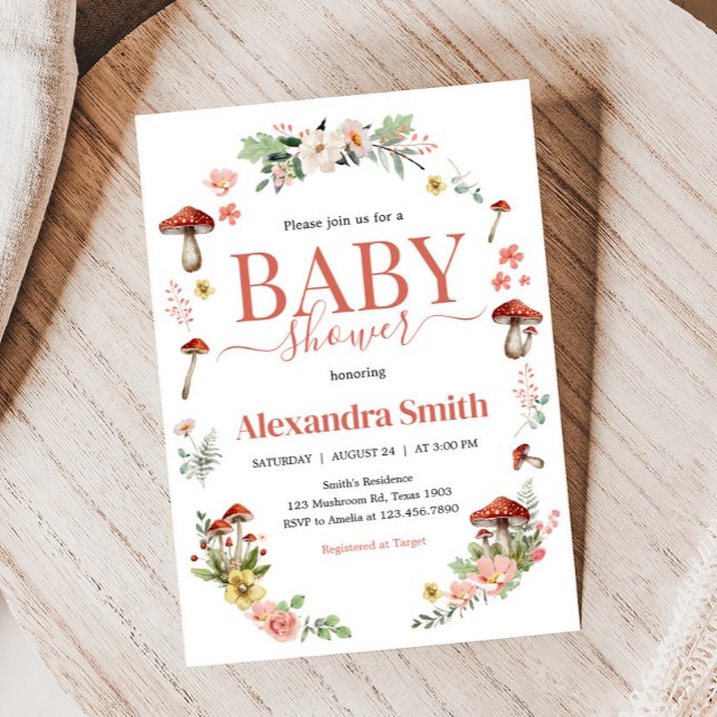 Förnimmad jodrosblomma, babyskor inbjudningar (Enchanted Mushroom Baby Shower Invitation )