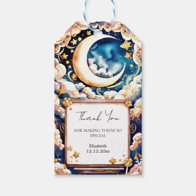 Förnimmad Måne Celestial Baby Shower Presentetikett (Framsidan)