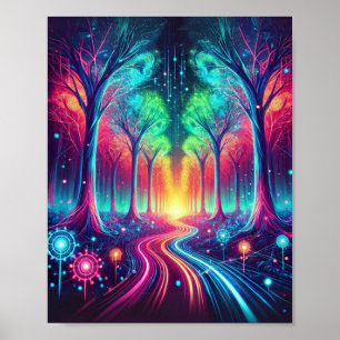 Förnimmad Neon Forest: Vibrant Glowing Träd Poster