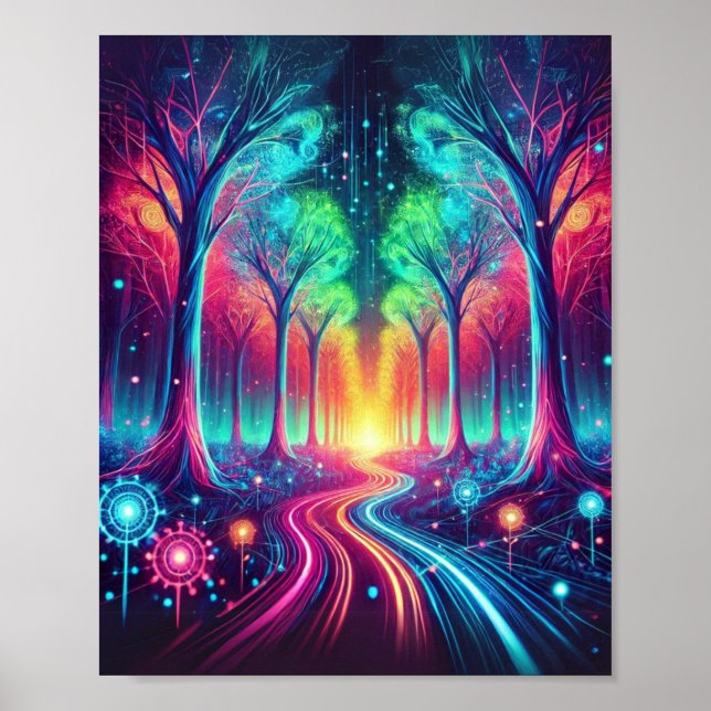 Förnimmad Neon Forest: Vibrant Glowing Träd Poster (Framsidan)