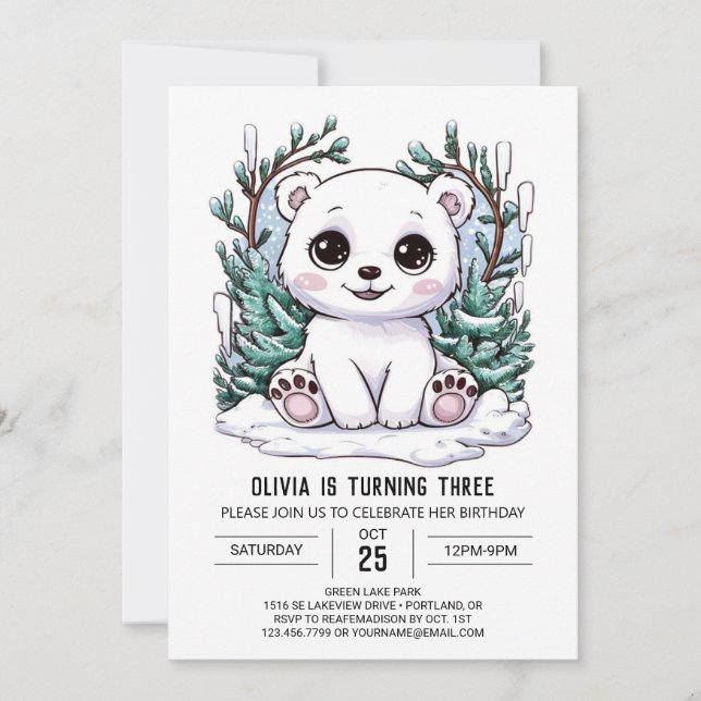 Förnimmad Whimsical Polar Bear Digital Birthday Inbjudningar (Framsida)