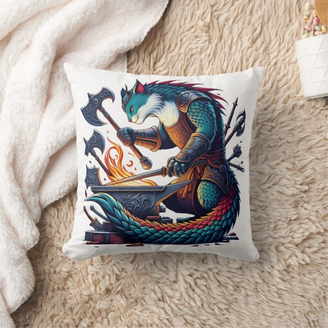 Förnimmade Cat Blacksmith Forging Weapons på Dusk Kudde (Filt)