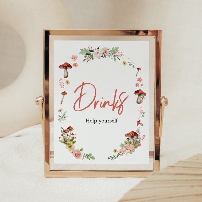 Förnimmade jodrosblommor, babyskor poster (Enchanted Mushroom Baby Shower Drinks Sign)