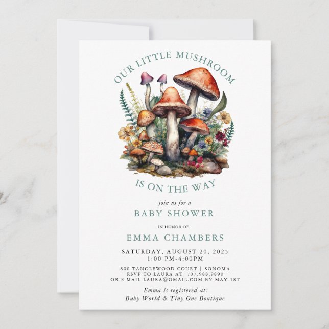 Förnimmade Whimsical Mushroom Woodland Baby Shower Inbjudningar (Framsida)