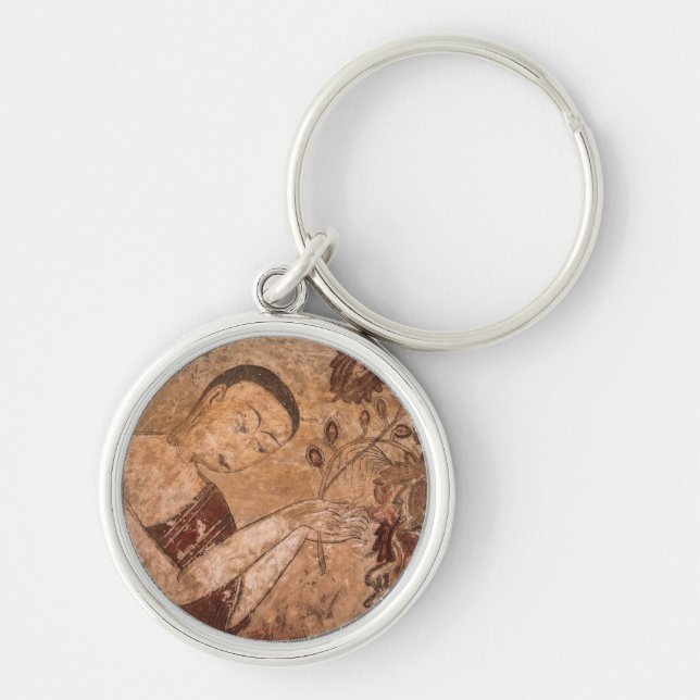 Forntida buddhistisk målning rund silverfärgad nyckelring (Framsidan)