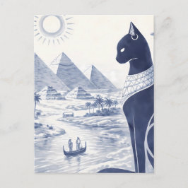 Forntida egyptisk Bastet-katt och pyramider Blå Vykort