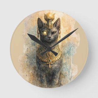 Forntida egyptisk Bastet Kattgudinna Akvarellkonst Rund Klocka