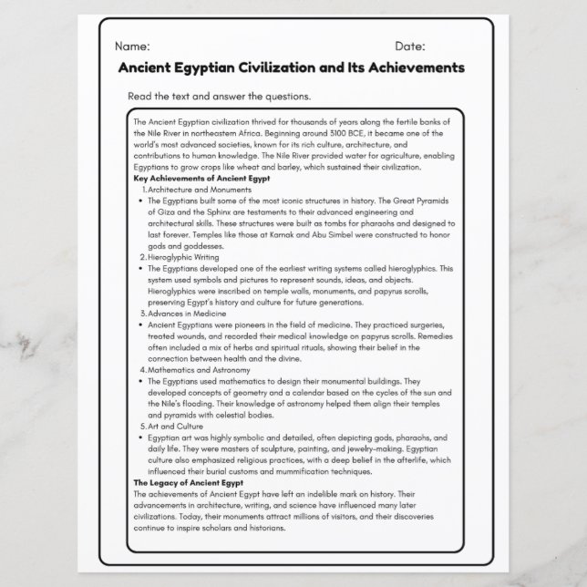 Forntida egyptisk civilisation Arbetsblad  (Framsida)