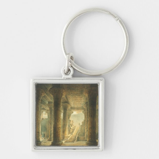 Forntida egyptisk tempel i Esna  Fyrkantig Silverfärgad Nyckelring (Framsidan)