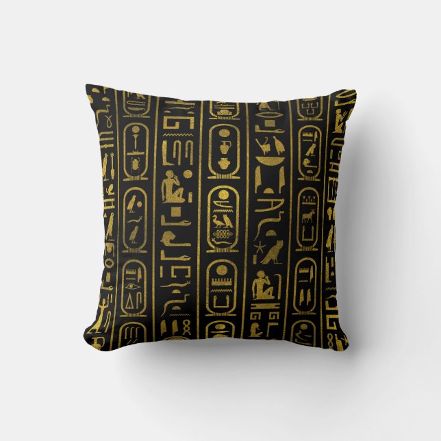 Forntida egyptiska guld-hieroglyfer på svart kudde (Framsida)