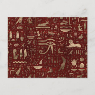 Forntida egyptiska hieroglyfer Röd läder och guld Vykort